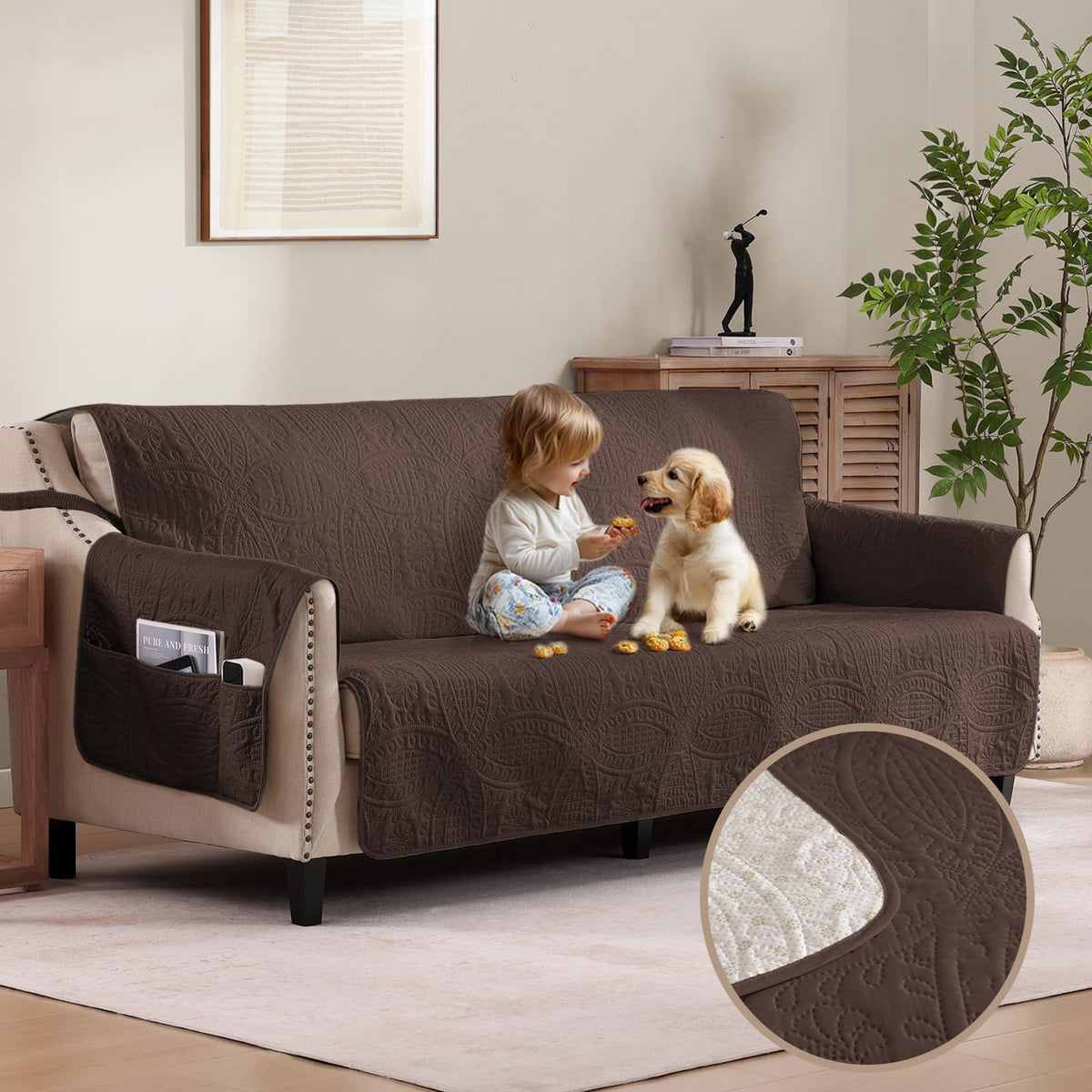 Beige Quilted Recliner Chair Covers, Water-Repellent Recliner Slipcovers, Lazy Boy Chair Covers, Pet Friendly Recliner Covers for Dog, Washable Armchair Protector (Recliner 22", Beige Cream)