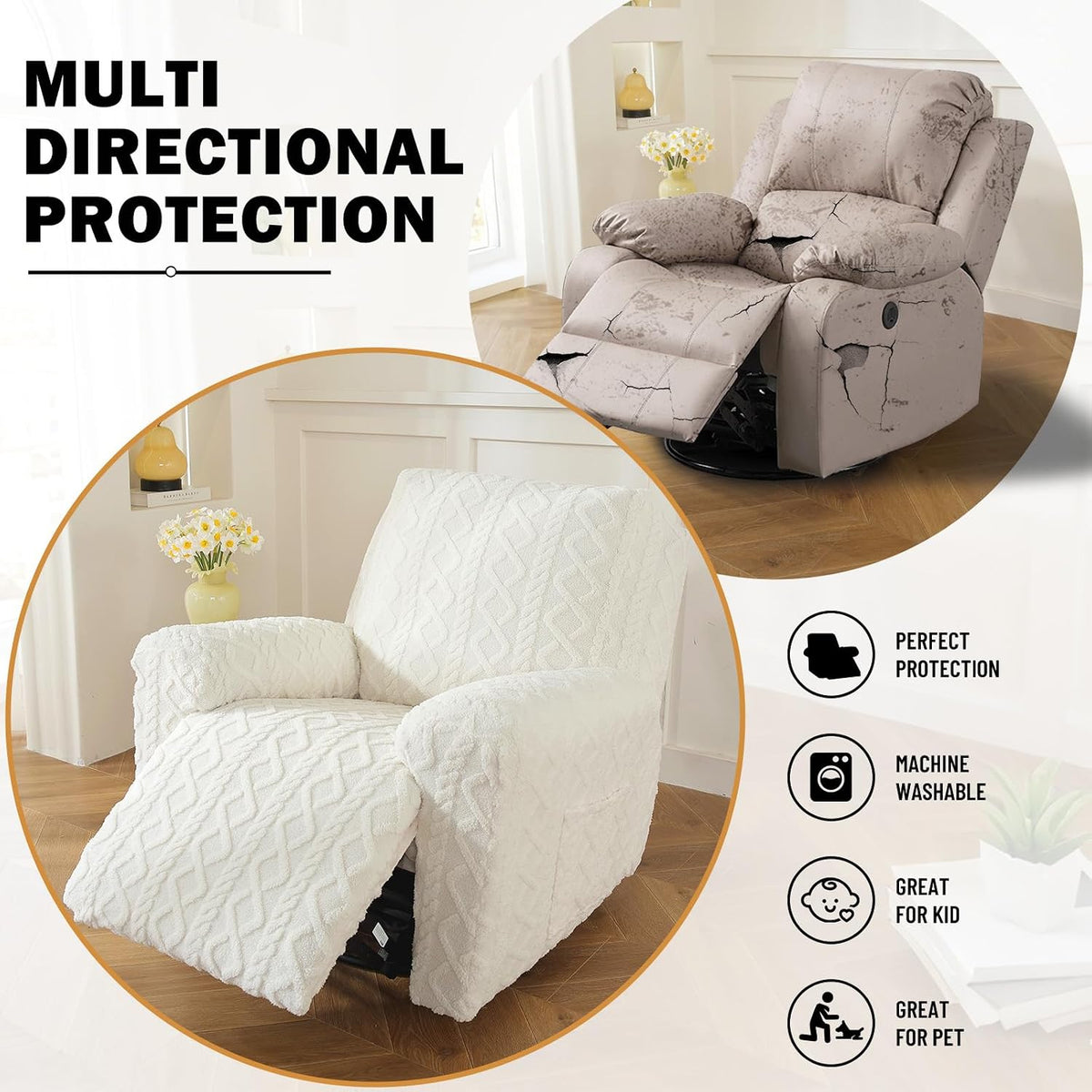 vctops 4 Pieces Recliner Chair Covers, Geometric Jacquard Plush Recliner Slipcovers Soft Fuzzy Sofa Couch Cover Anti-Slip Furniture Protector with Elastic Bottom for Kids Cats Dogs (Cream,1 Seat)