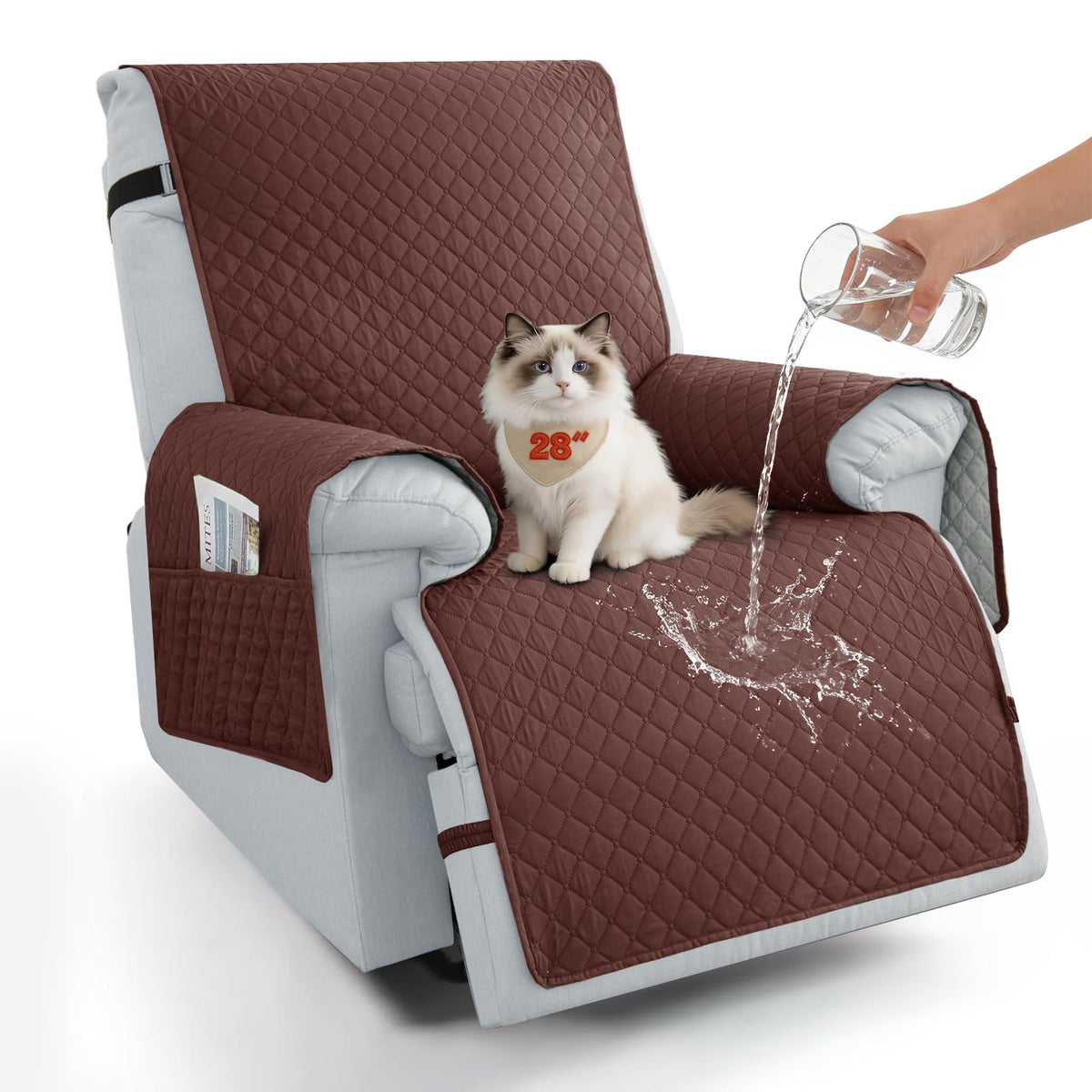 100% Waterproof Recliner Chair Covers 23.6'', Non Slip Recliner Chair Protector Washable Recliner Covers with Pocket & Elastic Straps for Dogs Cats Kids Pets-Chocolate
