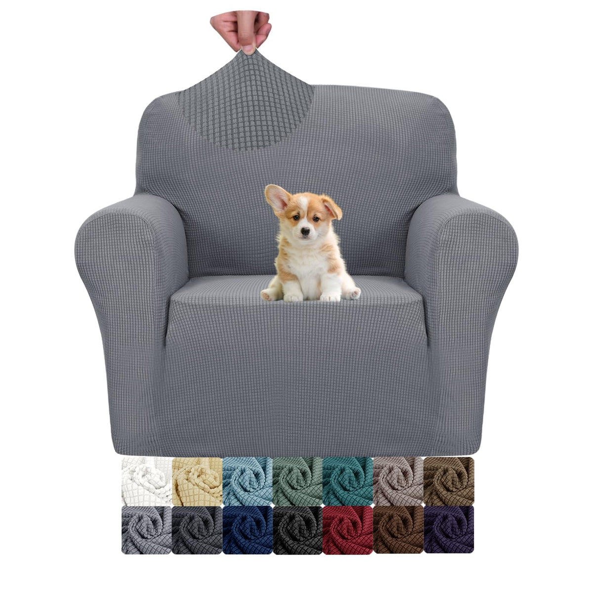 JIVINER Super Stretch Chair Sofa Slipcovers 1-Piece Jacquard Chair Covers for Living Room Soft Anti Slip 1 Seater Couch Furniture Protector Small Checks for Kids Pets (Chair, Light Gray)