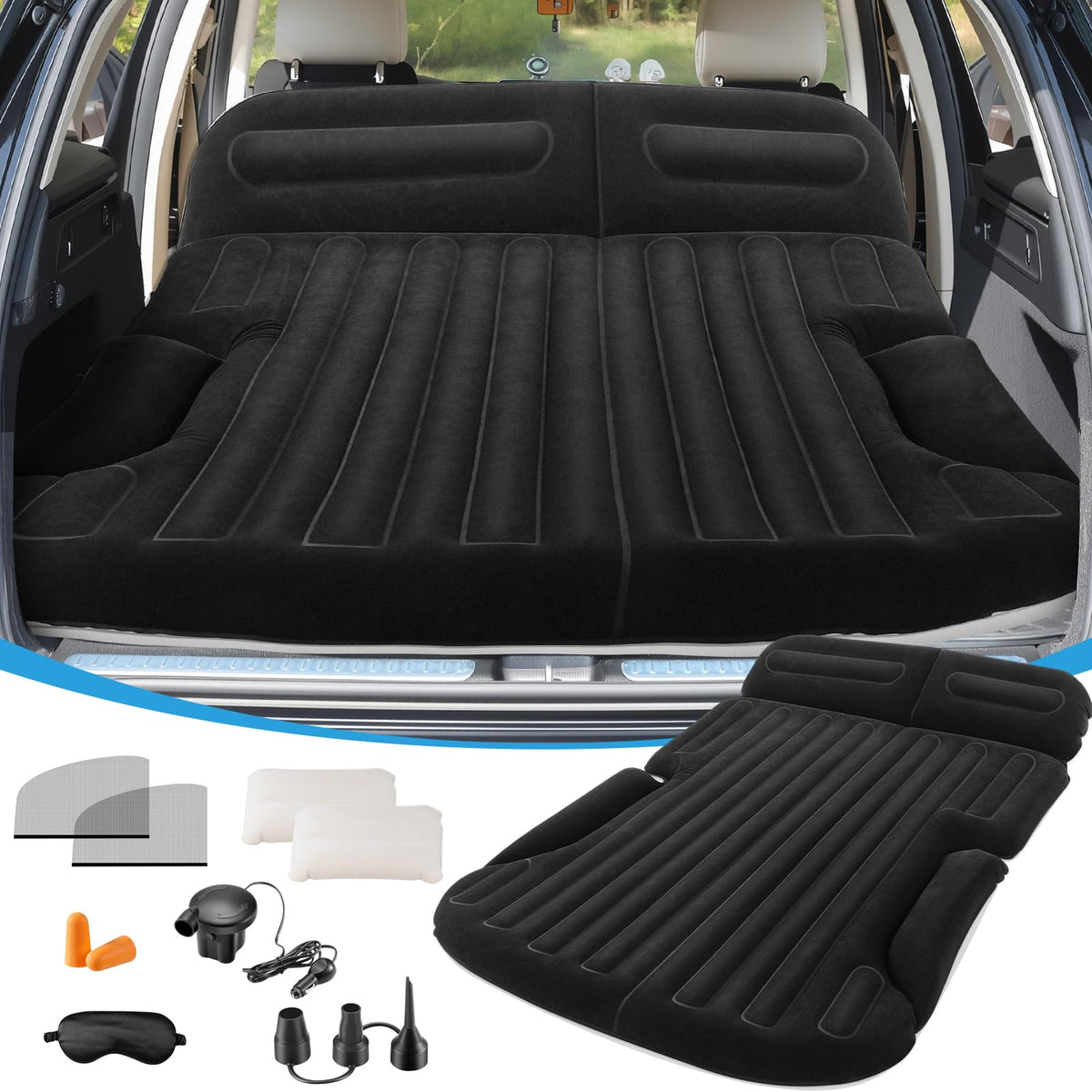KMZ SUV Air Mattress with Electric Pump, Thick Double-Sided Flocked Camping Bed, Includes 2 Pillows & 2 Window Screens, Inflatable Travel Mattress for SUV Trunk and Rear Seat – Coffee&Beige