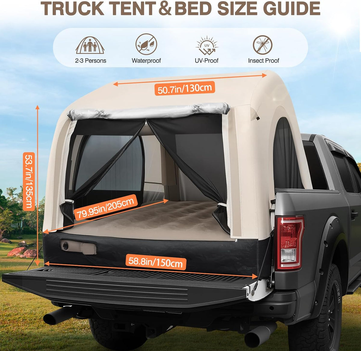Auto Inflatable Truck Bed Tent with Mattress, PU2000mm Waterproof, Rechargeable Air Pump, 3 Mins Fast Setup All-in-One Pickup Truck Tent with Pillows for Ford F150, Camping, 2 Years Warranty