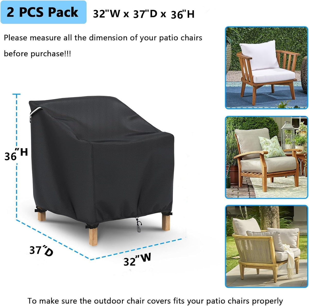 Gasadar Patio Chair Covers 2 Pack 32" W x 37" D x 36" H, Black