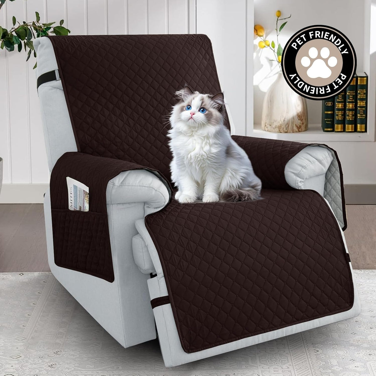 100% Waterproof Recliner Chair Covers 23.6'', Non Slip Recliner Chair Protector Washable Recliner Covers with Pocket & Elastic Straps for Dogs Cats Kids Pets-Chocolate