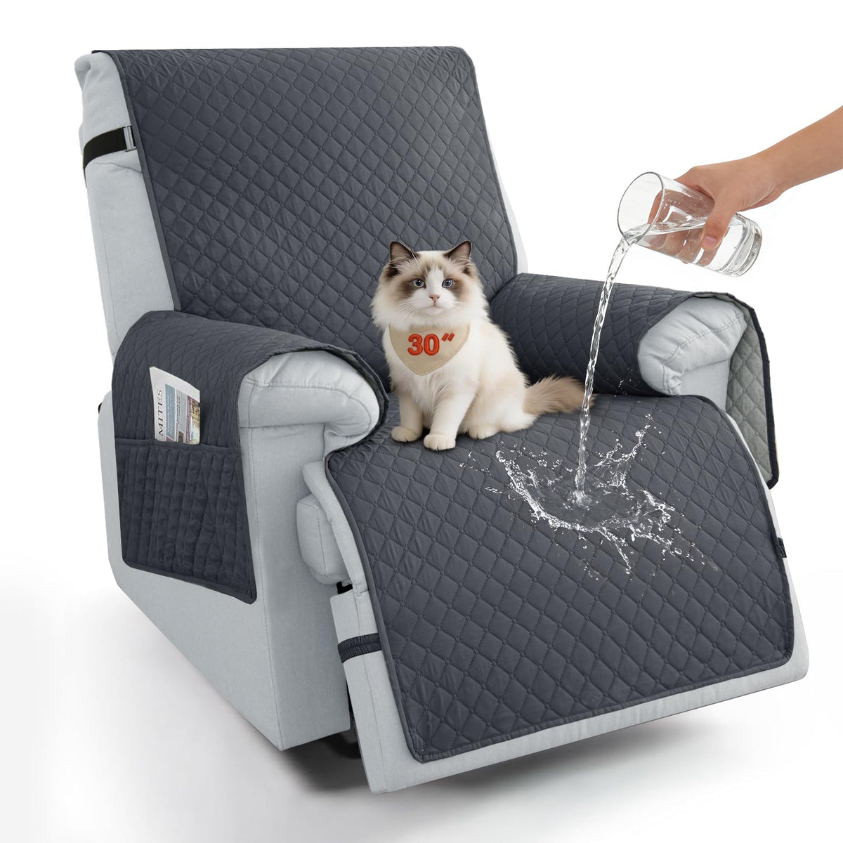 100% Waterproof Recliner Chair Covers 23.6'', Non Slip Recliner Chair Protector Washable Recliner Covers with Pocket & Elastic Straps for Dogs Cats Kids Pets-Chocolate