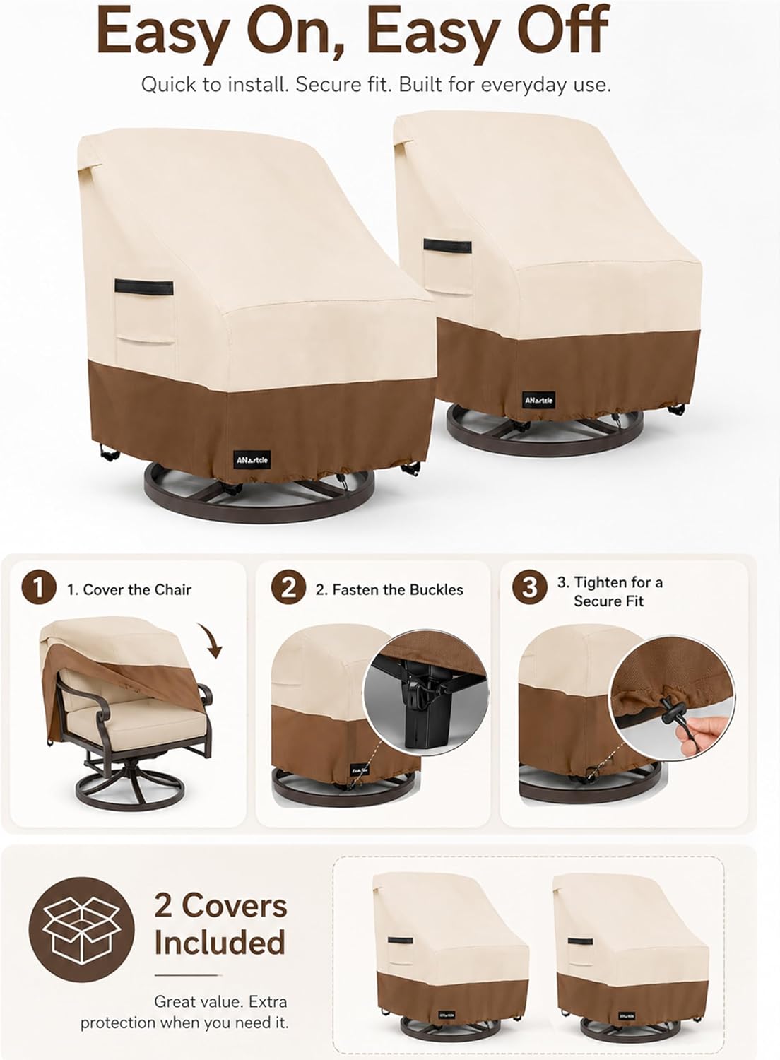 ANartcle Outdoor Swivel Chair Covers 2 Pack,600D Waterproof Heavy Duty Patio Chair Covers(30 W x 34 D x 38.5 H inches),Patio Swivel Chair Covers for Outdoor Furniture,Beige&brown.