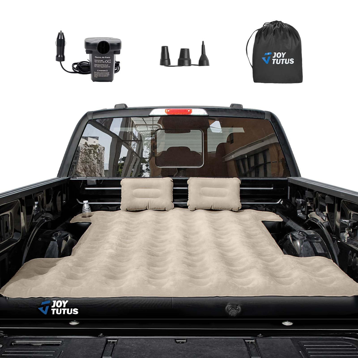 JOYTUTUS Truck Bed Air Mattress for 6.4-6.7Ft, Full Size Regular Beds for Pickup Outdoor Camping, Truck Tent Accessories with Carry Bag & Cup Holder & Cavity Design, Camel&Black