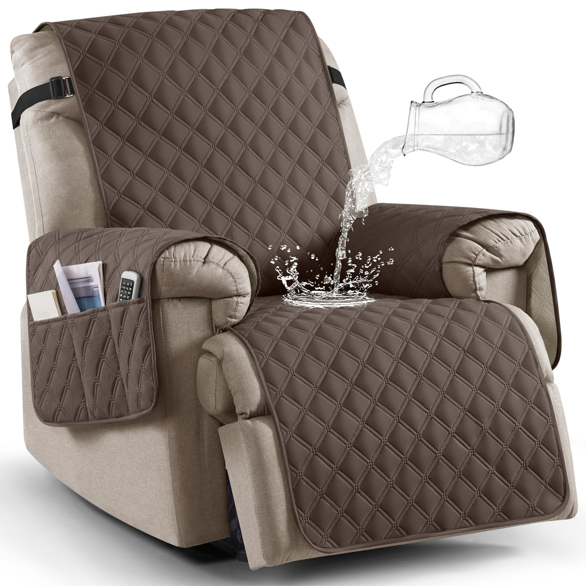 Ruaozz 100% Waterproof Recliner Chair Covers, Non-Slip Reclining Covers for Recliner Chair Washable Chair Cover, Recliner Covers with Pockets for Kids, Dogs, Pets (Chocolate, 23'')