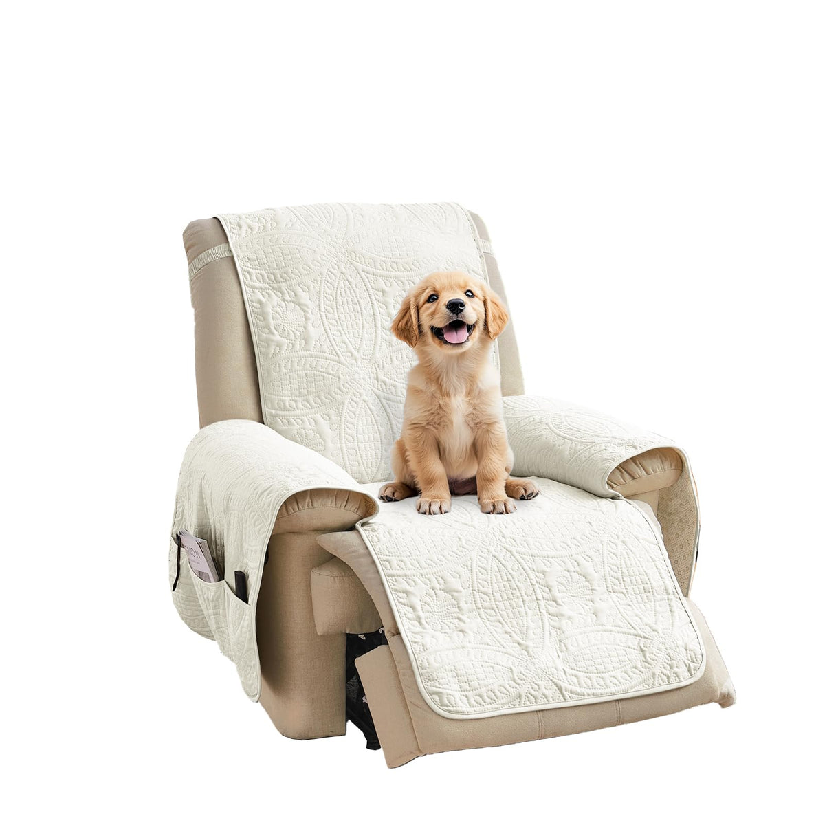 Beige Quilted Recliner Chair Covers, Water-Repellent Recliner Slipcovers, Lazy Boy Chair Covers, Pet Friendly Recliner Covers for Dog, Washable Armchair Protector (Recliner 22", Beige Cream)