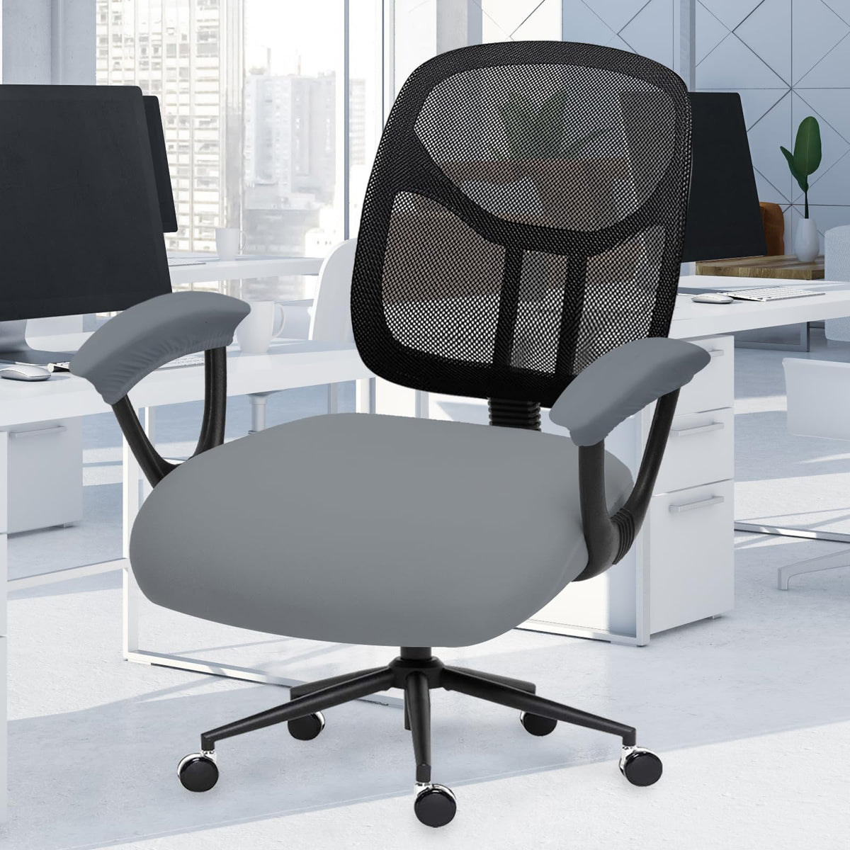 Water Resistant Stretch Computer Office Chair Cover with Durable Zipper Universal Washable Removable Spandex Rotating Boss Chair Slipcovers Anti-dust Soft Desk Chair Seat Protector for Dogs Cats Pets