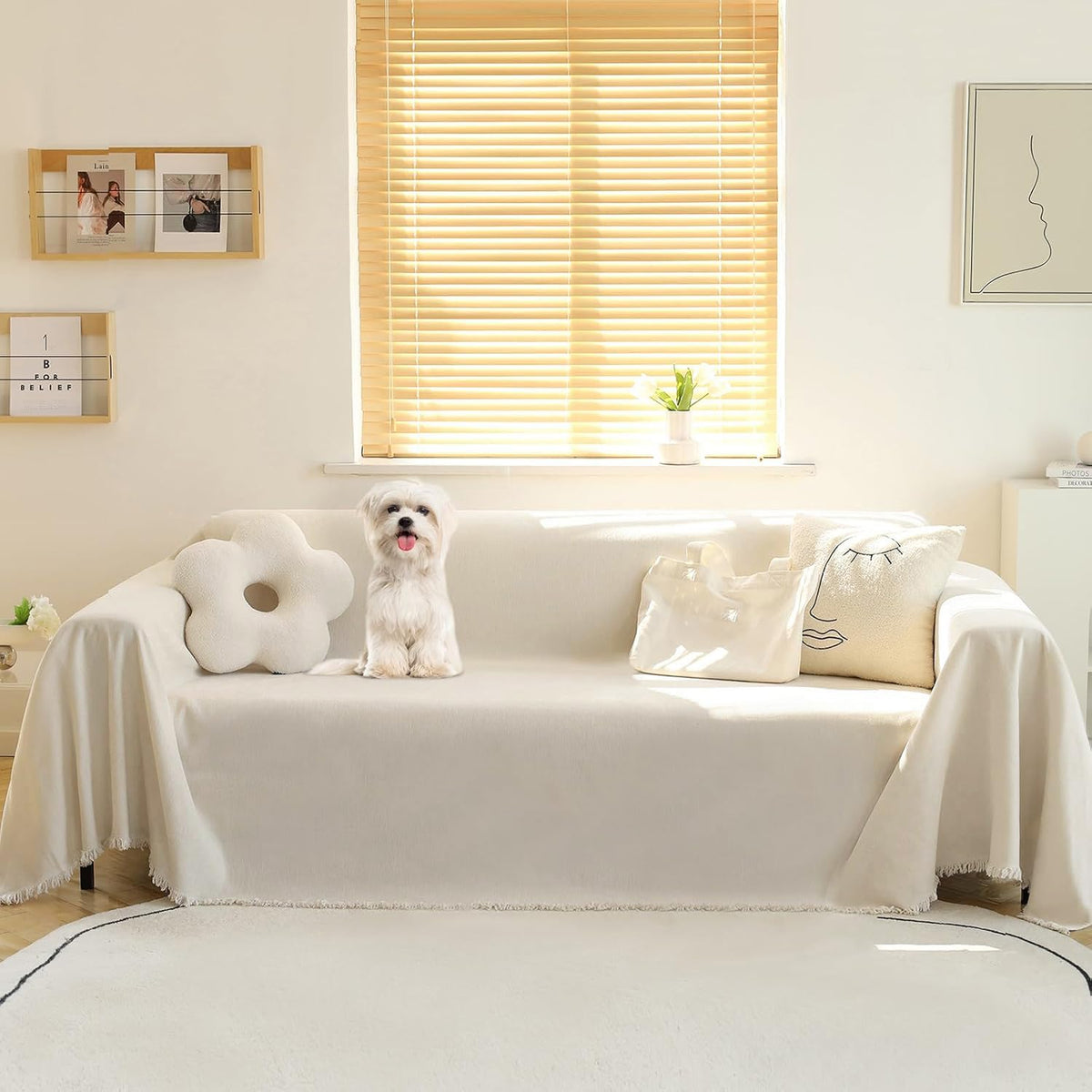 MEETSKY Oversized Chair Cover Washable Armchair Sofa Cover for Dog, Couch Protector for Sofa Single Cover, Small Couch Cover Sofa Throw Cover with Tassel, 71" x 91", Beige
