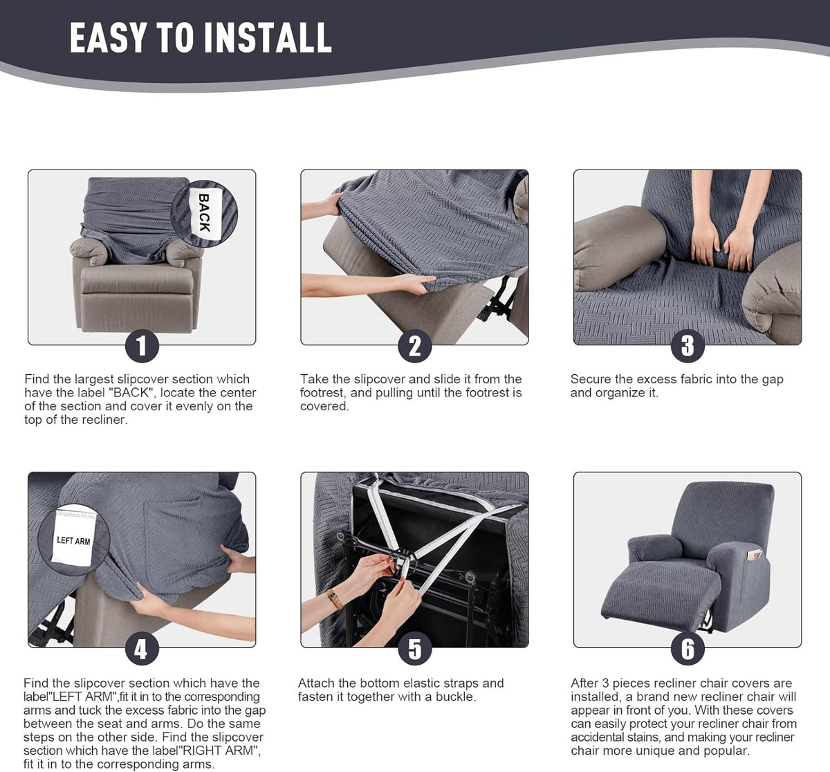 KinCam Recliner Chair Covers, Stretch Reclining Cover, Dark Gray