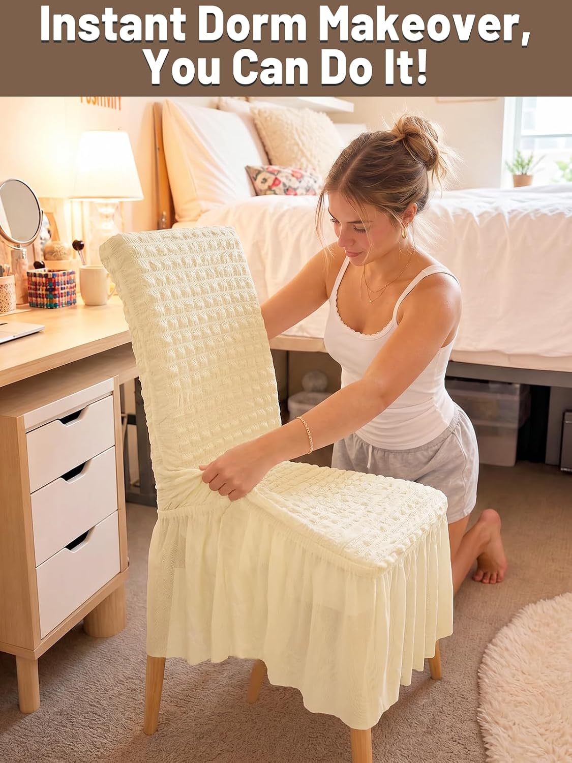ANPHSIN Stretchable Chair Covers for Dining Chairs, with Skirt, 1Pcs Beige