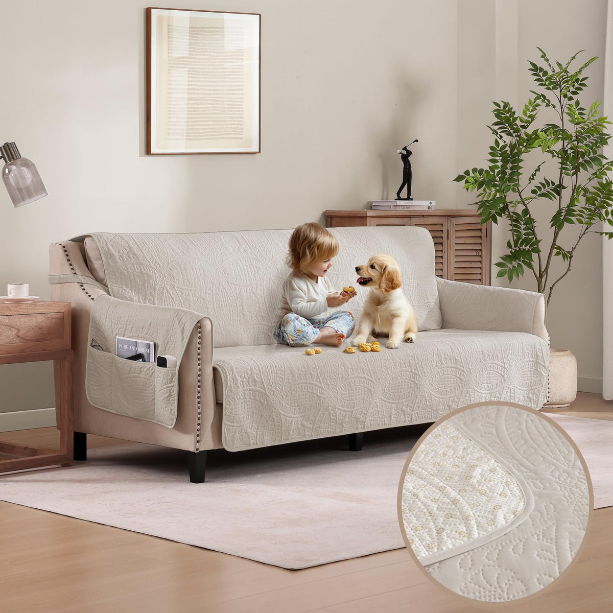 Beige Quilted Recliner Chair Covers, Water-Repellent Recliner Slipcovers, Lazy Boy Chair Covers, Pet Friendly Recliner Covers for Dog, Washable Armchair Protector (Recliner 22", Beige Cream)