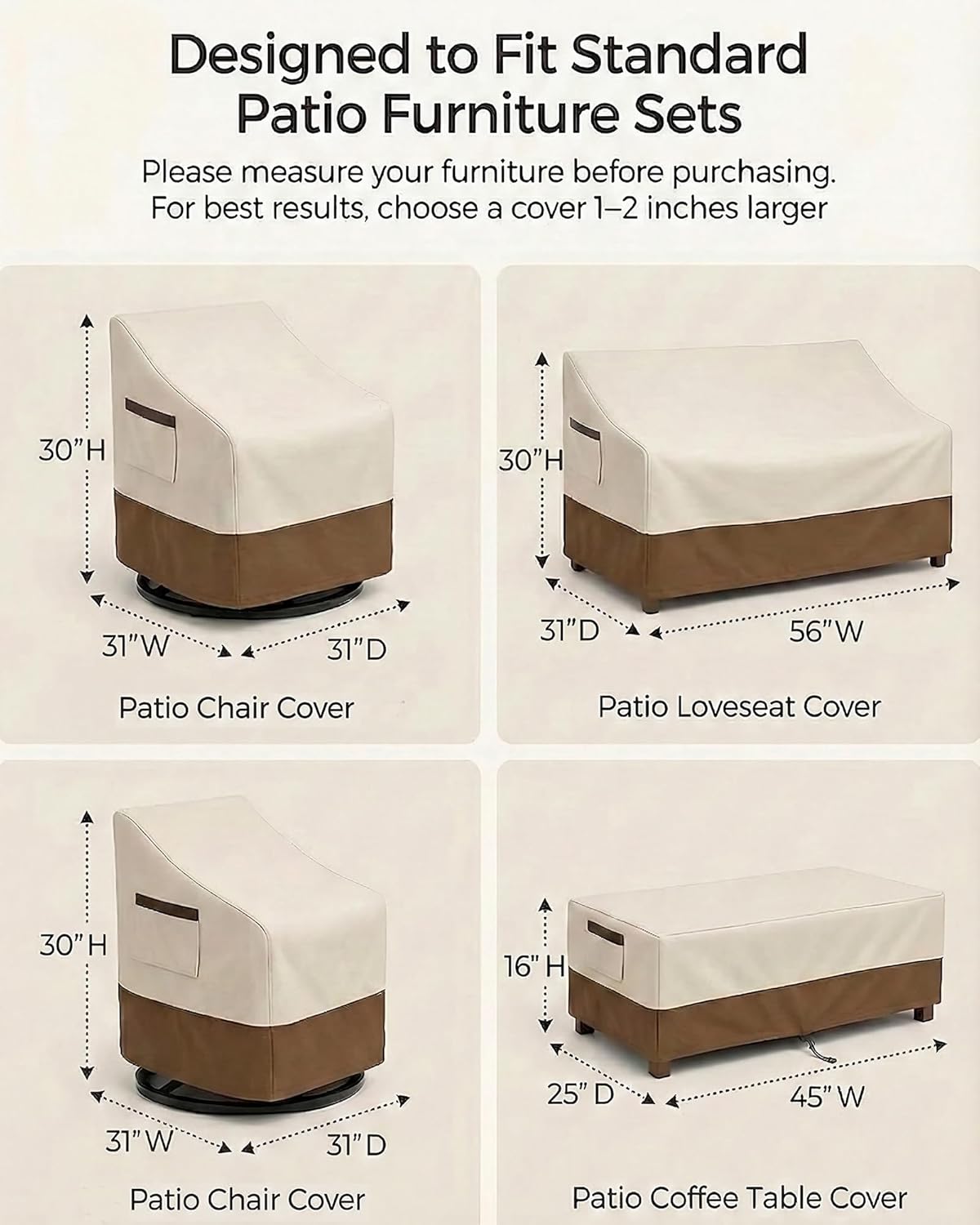 4-Piece Patio Furniture Cover Set, Waterproof Outdoor Furniture Covers for Loveseat, Patio Chairs & Coffee Table, Heavy-Duty 600D, Fade & UV-Resistant, Breathable, All-Season Protection, Beige&Brown