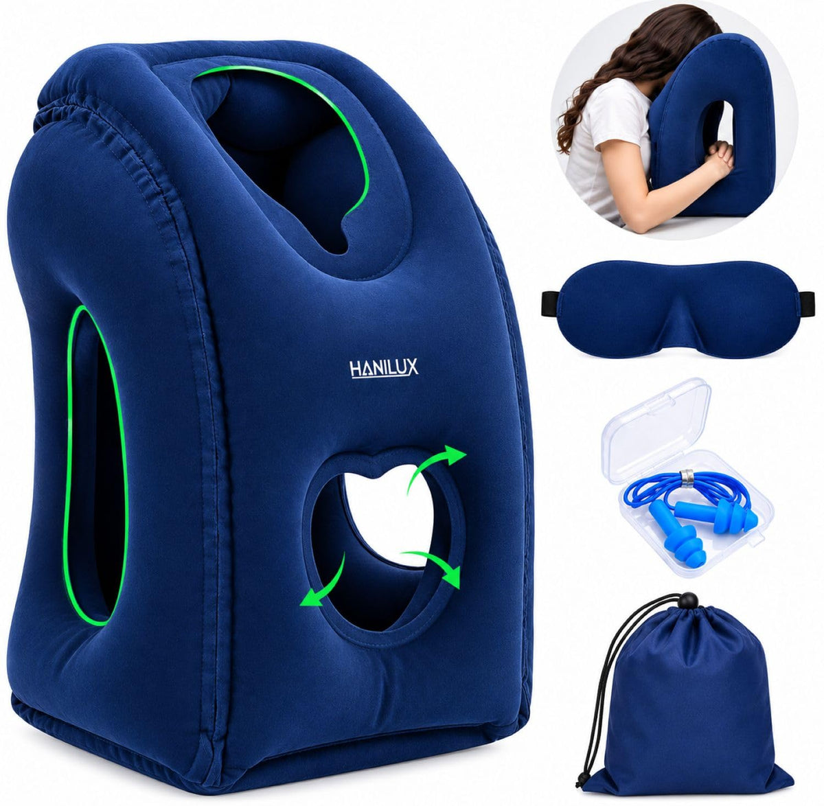 Inflatable Travel Pillows for Airplanes, Blow Up Travel Pillow for Train Office Car with Chin and Neck Support, Inflatable Travel Pillow for Sleep Support with Eye Mask,Storage Bag & Earplugs (Black)