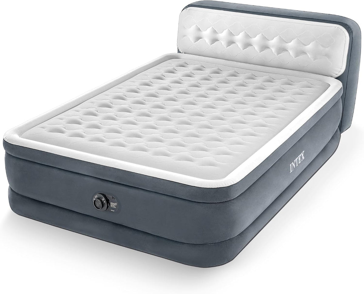 INTEX Dura-Beam 18" Queen Size Air Mattress with Built-in Headboard & Pump