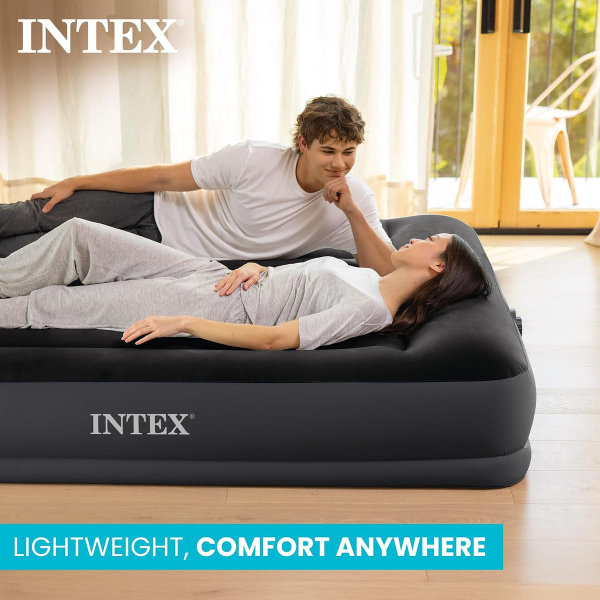 Intex Dura-Beam Standard Pillow Top Airbed Comfortable Blow Up Portable Air Mattress with Built-In Electric Pump and Carrying Bag, Twin Size, Blue