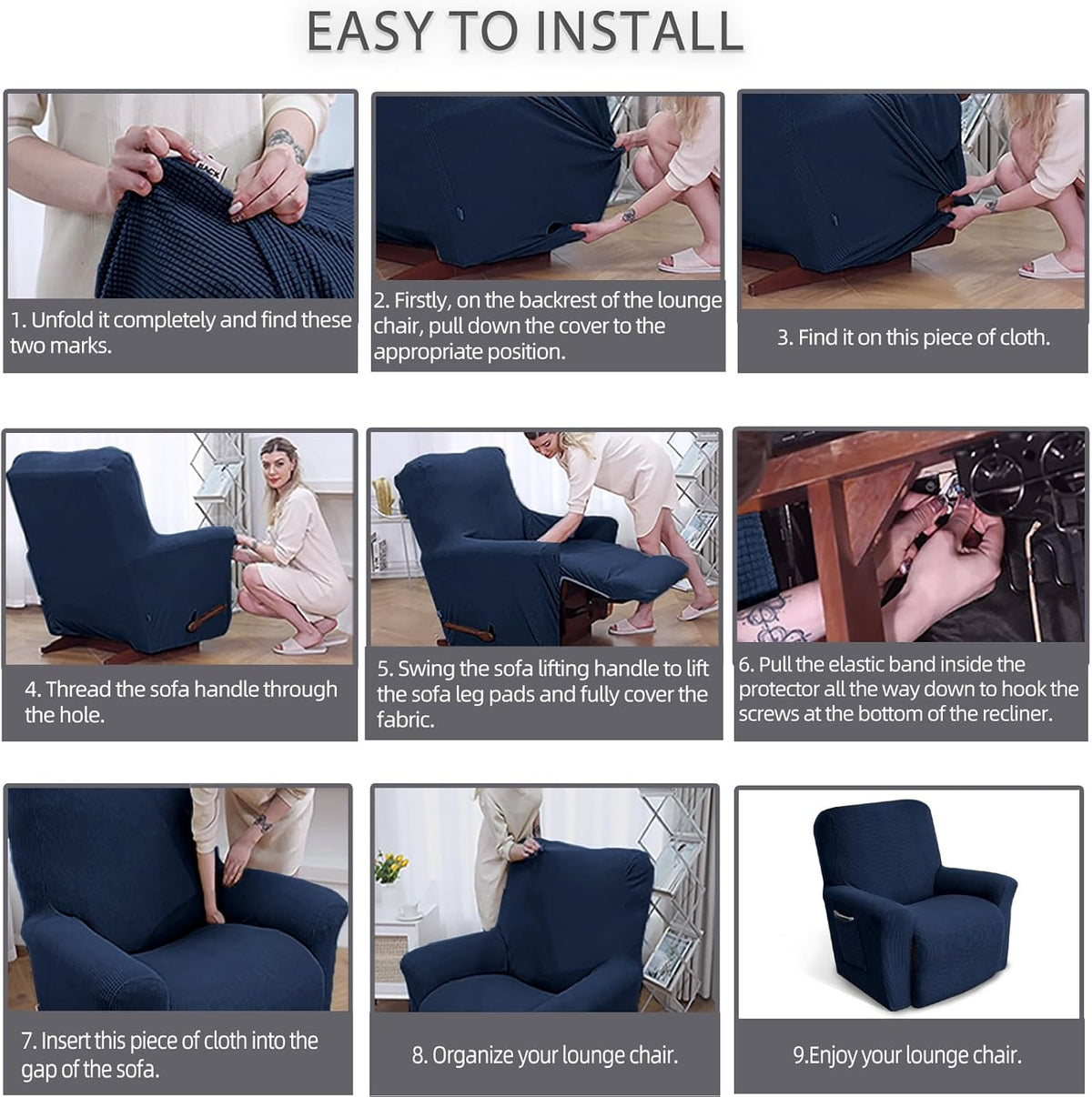 KEKUOU Recliner Chair Covers, 1-Piece Lazy Boy Recliner Covers, Navy Blue