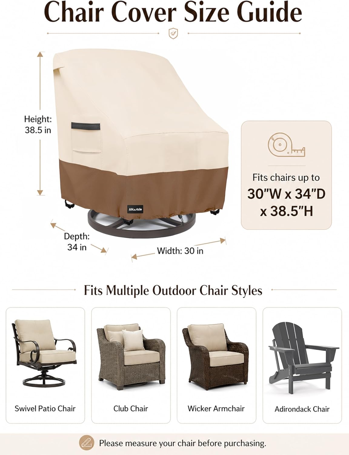 ANartcle Outdoor Swivel Chair Covers 2 Pack,600D Waterproof Heavy Duty Patio Chair Covers(30 W x 34 D x 38.5 H inches),Patio Swivel Chair Covers for Outdoor Furniture,Beige&brown.