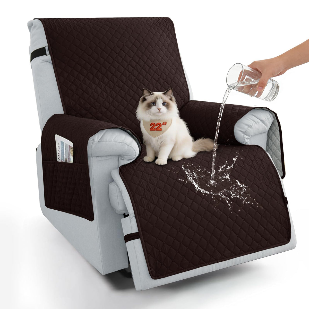 100% Waterproof Recliner Chair Covers 23.6'', Non Slip Recliner Chair Protector Washable Recliner Covers with Pocket & Elastic Straps for Dogs Cats Kids Pets-Chocolate