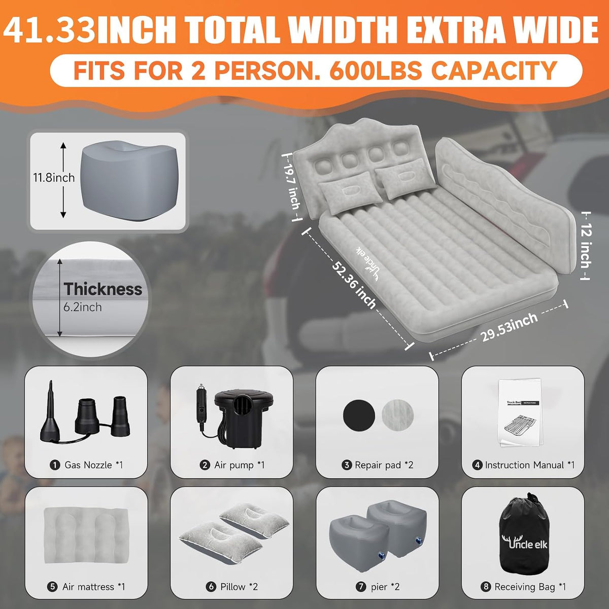Car Air Mattress Bed - Inflatable Back Seat Air Mattress with Upgraded Wear-Resistant Pongee Bottom, Thick Camping Sleeping Pad with 2 Pillows & Air Pump, Fits Sedan/Truck/SUV,Grey