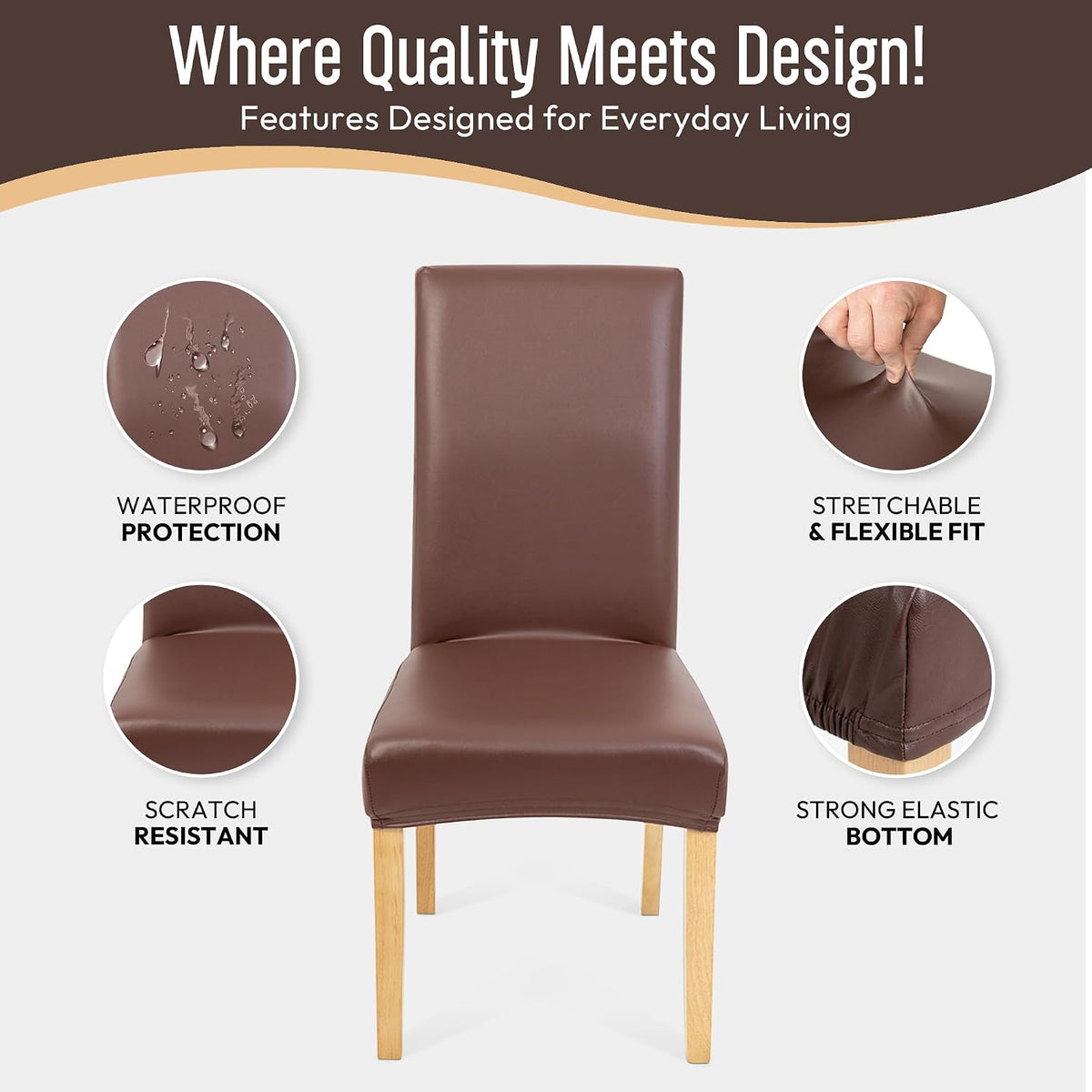 Waterproof PU Leather Dining Chair Covers Set of 4 - Stretch Kitchen Chair Covers - Removable Scratch Resistant Slipcovers for Dining Room - Chair Leg Pads Included - Brown