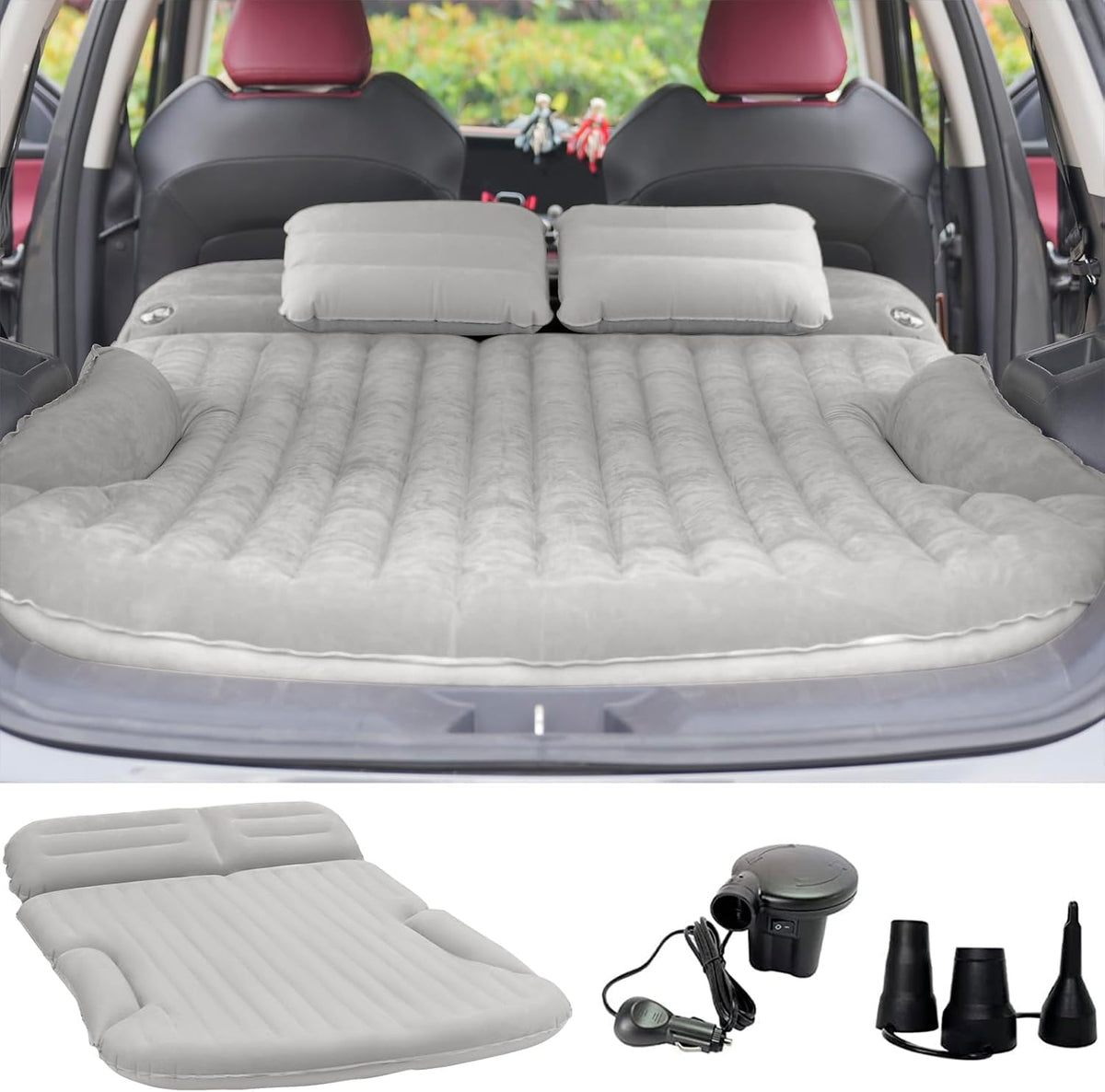 KMZ SUV Air Mattress Thickened and Double-Sided Flocking Travel Camping Bed with 2 Pillows & Electric Pump Dedicated Mobile Cushion Inflatable Bed for SUV Trunk and Rear Seat (Dark Gray)
