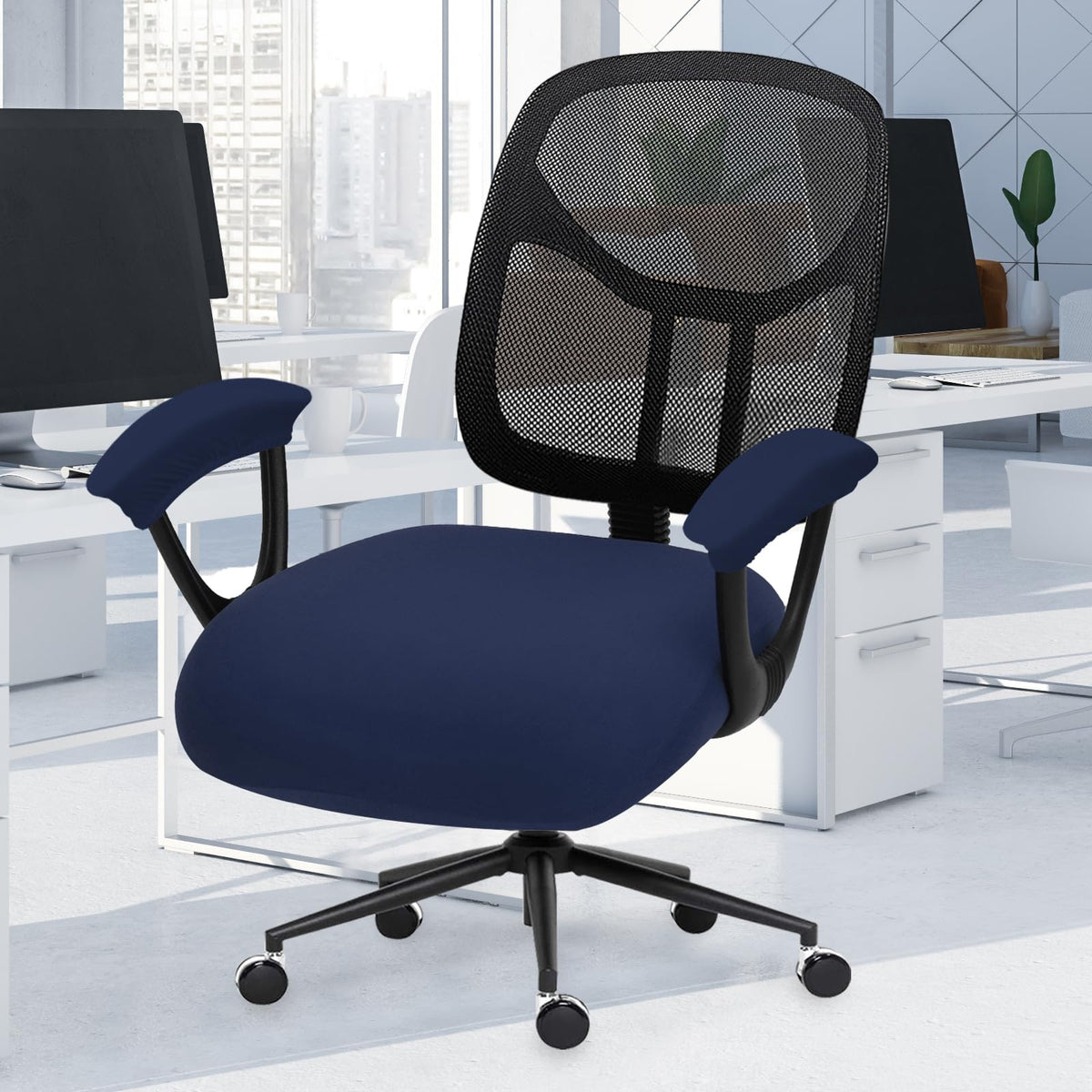 Water Resistant Stretch Computer Office Chair Cover with Durable Zipper Universal Washable Removable Spandex Rotating Boss Chair Slipcovers Anti-dust Soft Desk Chair Seat Protector for Dogs Cats Pets