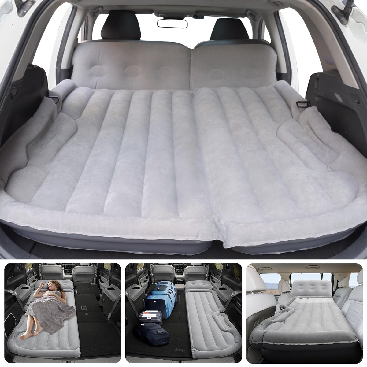 Shademax Self-Inflating Car Air Mattress for Model Y 2025 2024-2020 / Model Y Juniper 2026 Accessories Outdoor Camping Air Bed with 2 Pillows Built-in Pump Air Couch Flocking Air Cushion (Beige&Gray)
