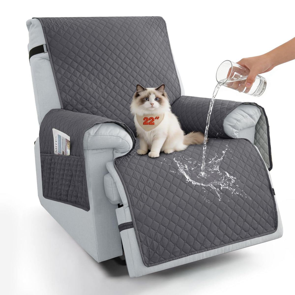 100% Waterproof Recliner Chair Covers 23.6'', Non Slip Recliner Chair Protector Washable Recliner Covers with Pocket & Elastic Straps for Dogs Cats Kids Pets-Chocolate
