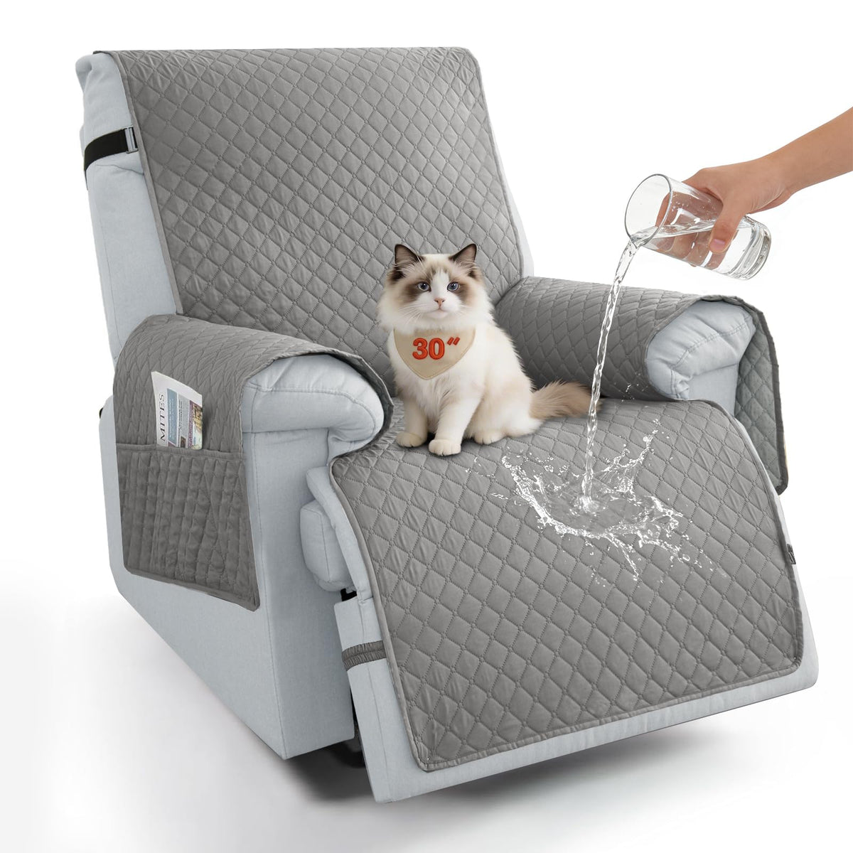 100% Waterproof Recliner Chair Covers 23.6'', Non Slip Recliner Chair Protector Washable Recliner Covers with Pocket & Elastic Straps for Dogs Cats Kids Pets-Chocolate