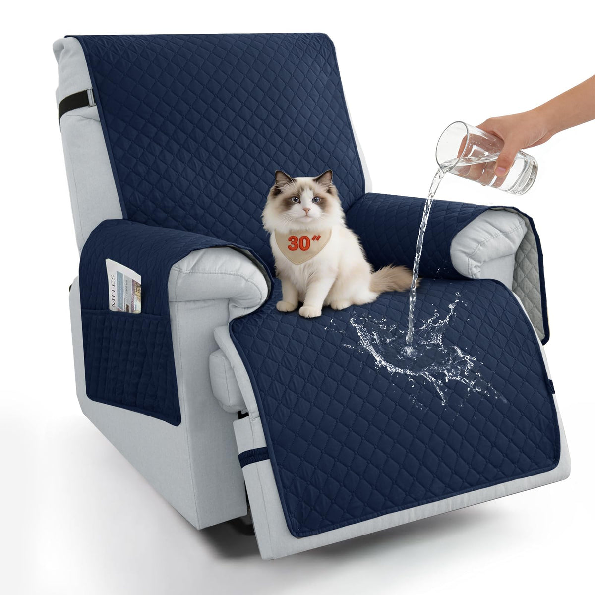 100% Waterproof Recliner Chair Covers 23.6'', Non Slip Recliner Chair Protector Washable Recliner Covers with Pocket & Elastic Straps for Dogs Cats Kids Pets-Chocolate