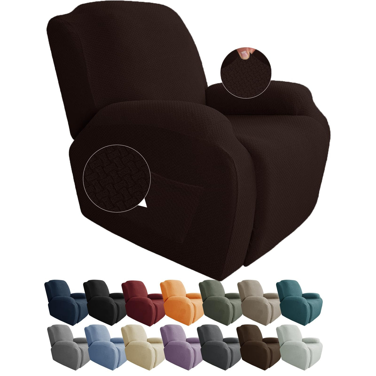 JIVINER 4-Piece Recliner Chair Covers Stretch Jacquard Chair Covers for Reclining Chair Recliner Slipcovers for Living Room Soft Recliner Protector with Pocket (Recliner,Dark Coffee)