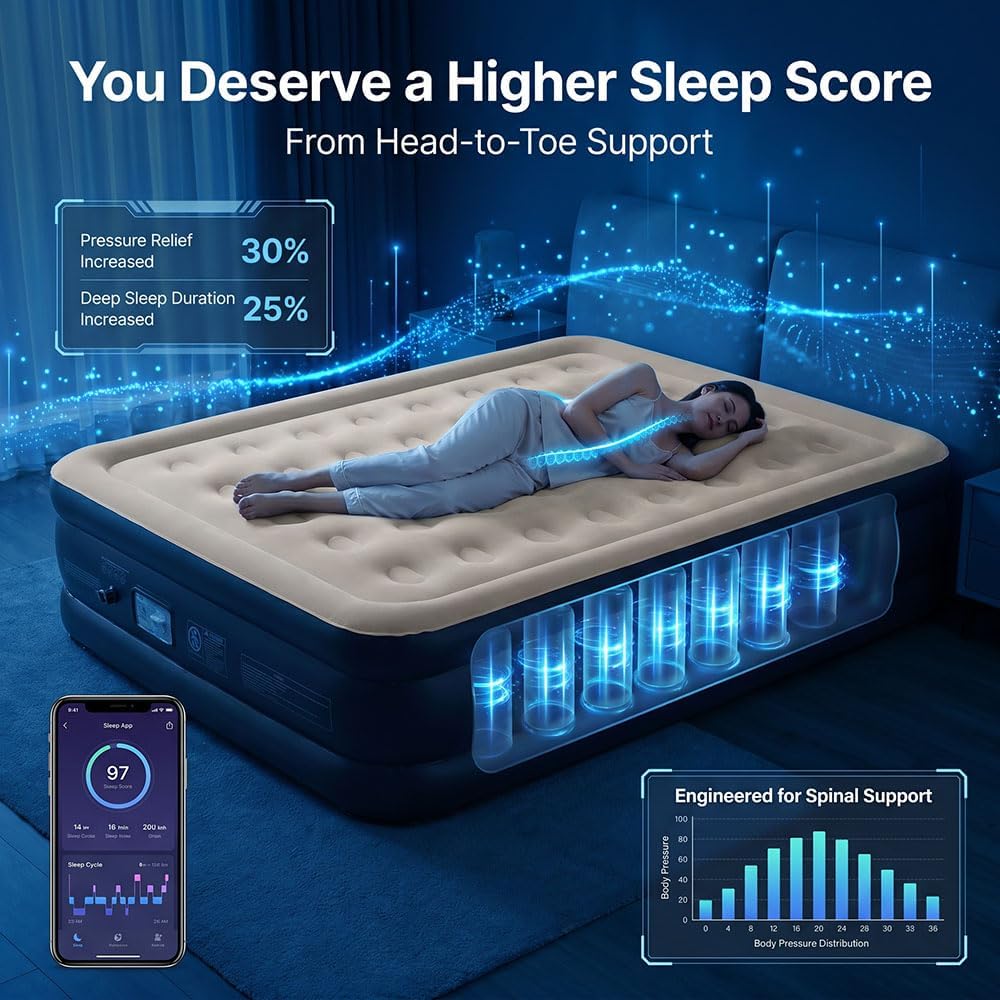 Queen Air Mattress with Built-in Pump, 18" Raised Inflatable Blow Up Mattress, Air Column Beam Flocked Leak-Proof Air Bed with Storage Bag, 650lbs Max Portable Bed for Home, Guests & Camping