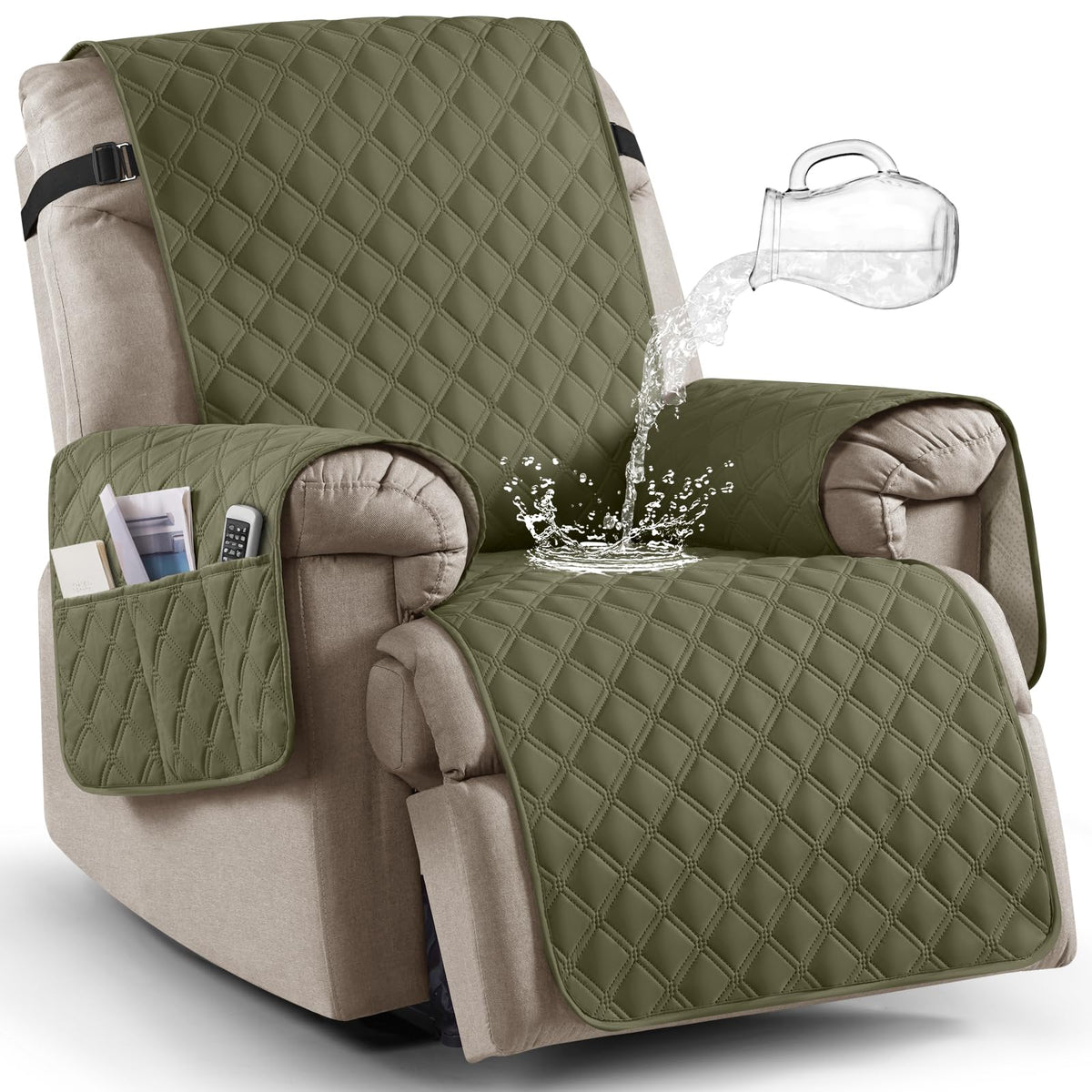 Ruaozz 100% Waterproof Recliner Chair Covers, Non-Slip Reclining Covers for Recliner Chair Washable Chair Cover, Recliner Covers with Pockets for Kids, Dogs, Pets (Chocolate, 23'')