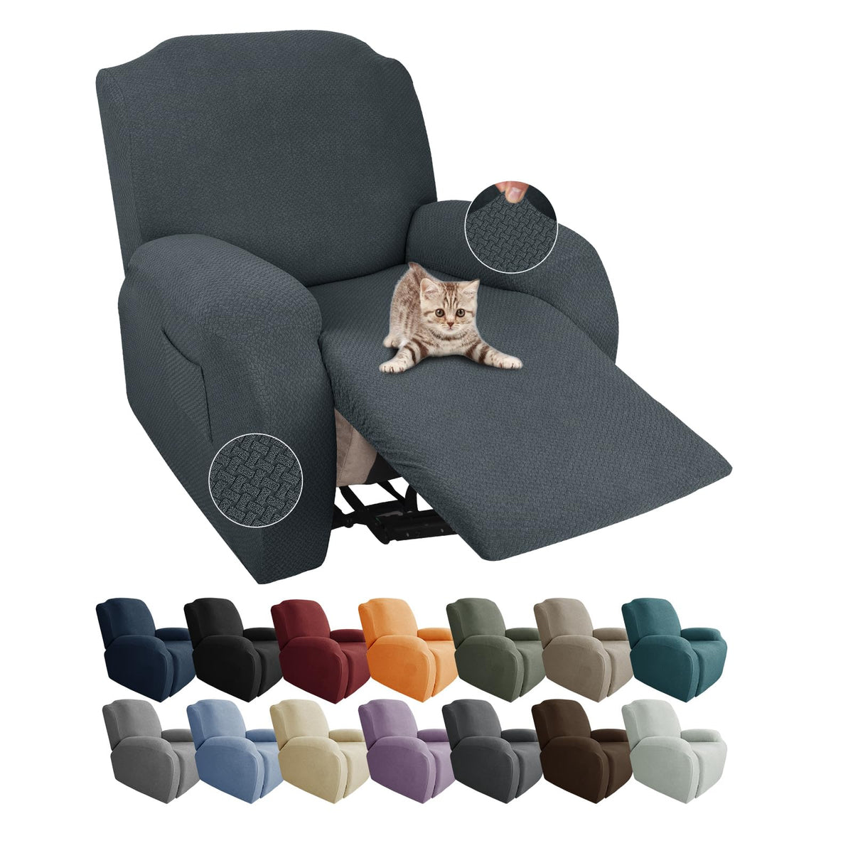 JIVINER 4-Piece Recliner Chair Covers Stretch Jacquard Chair Covers for Reclining Chair Recliner Slipcovers for Living Room Soft Recliner Protector with Pocket (Recliner,Dark Coffee)