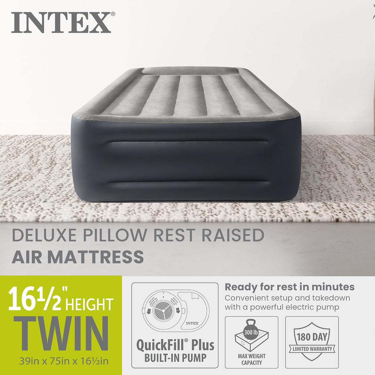 Intex Dura-Beam Plus Deluxe 16.5" Twin Air Mattress with Built-in Pump