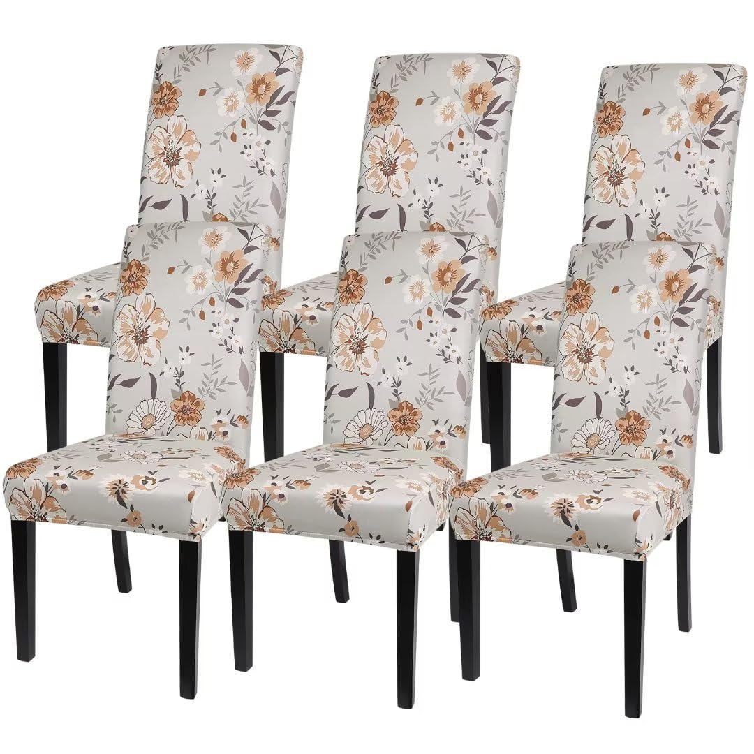 SearchI Chair Covers Slipcovers Set of 4, Spandex Super Fit Stretch Removable Washable Kitchen Parsons Protector for Dining Room,Hotel,Ceremony,Beige+Flowers
