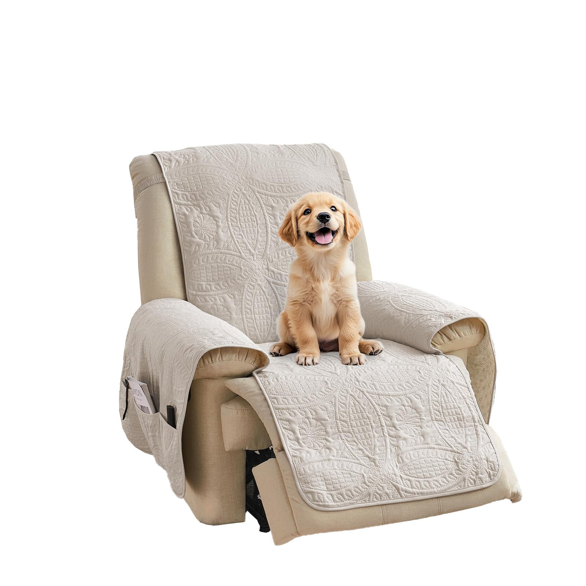 Beige Quilted Recliner Chair Covers, Water-Repellent Recliner Slipcovers, Lazy Boy Chair Covers, Pet Friendly Recliner Covers for Dog, Washable Armchair Protector (Recliner 22", Beige Cream)