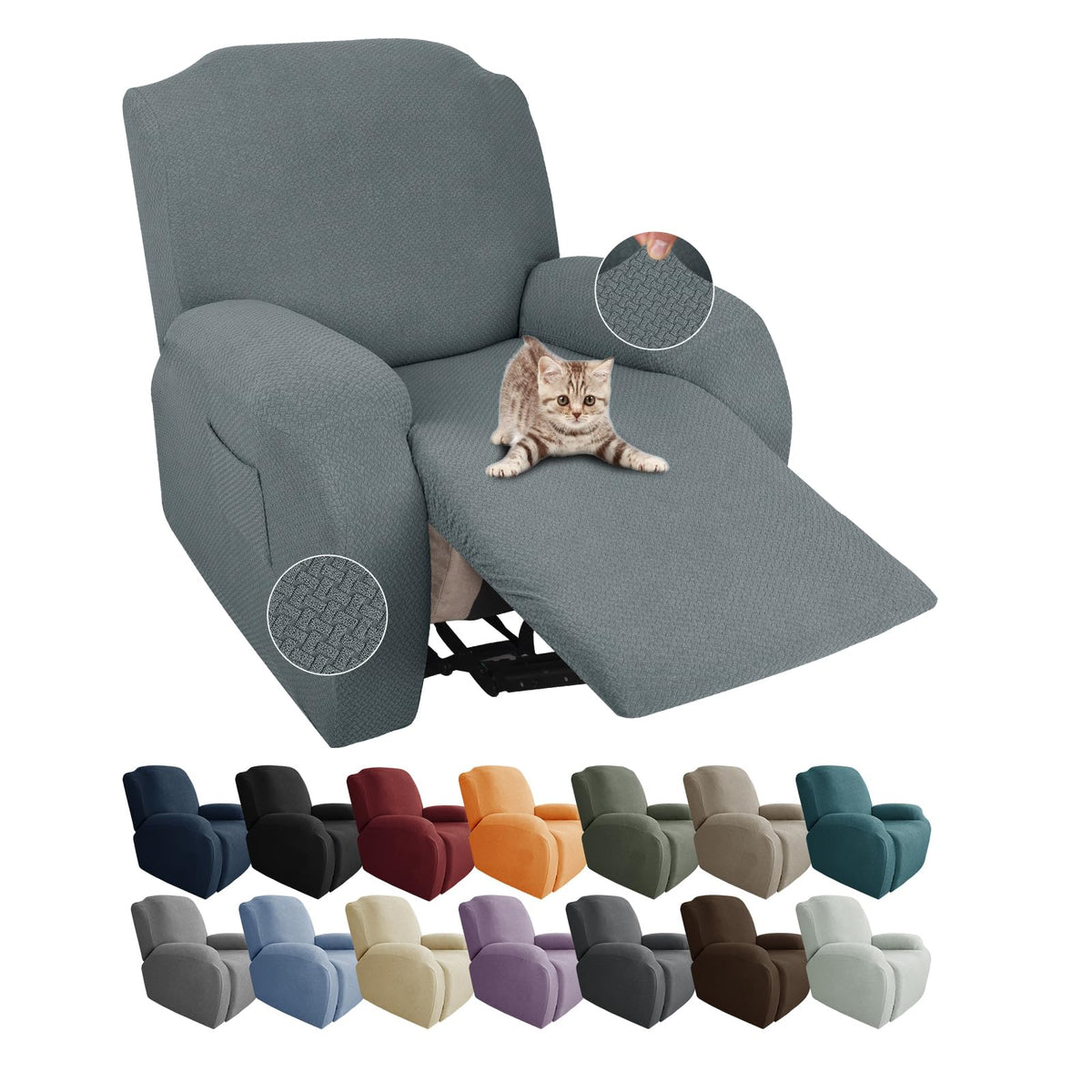 JIVINER 4-Piece Recliner Chair Covers Stretch Jacquard Chair Covers for Reclining Chair Recliner Slipcovers for Living Room Soft Recliner Protector with Pocket (Recliner,Dark Coffee)