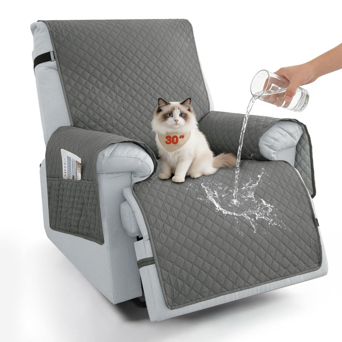 100% Waterproof Recliner Chair Covers 23.6'', Non Slip Recliner Chair Protector Washable Recliner Covers with Pocket & Elastic Straps for Dogs Cats Kids Pets-Chocolate
