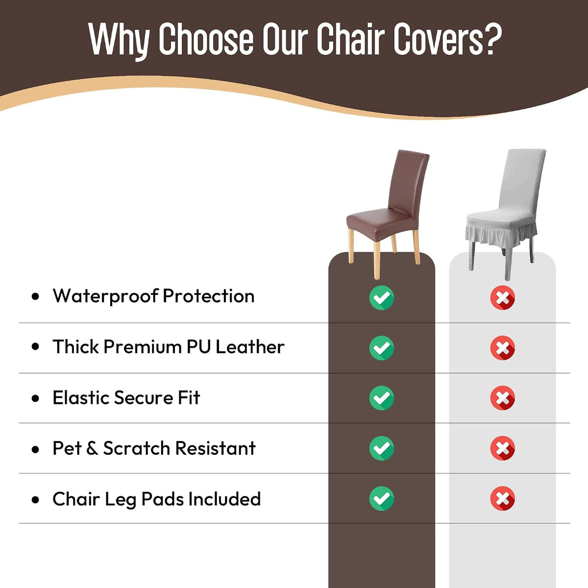 Waterproof PU Leather Dining Chair Covers Set of 4 - Stretch Kitchen Chair Covers - Removable Scratch Resistant Slipcovers for Dining Room - Chair Leg Pads Included - Brown