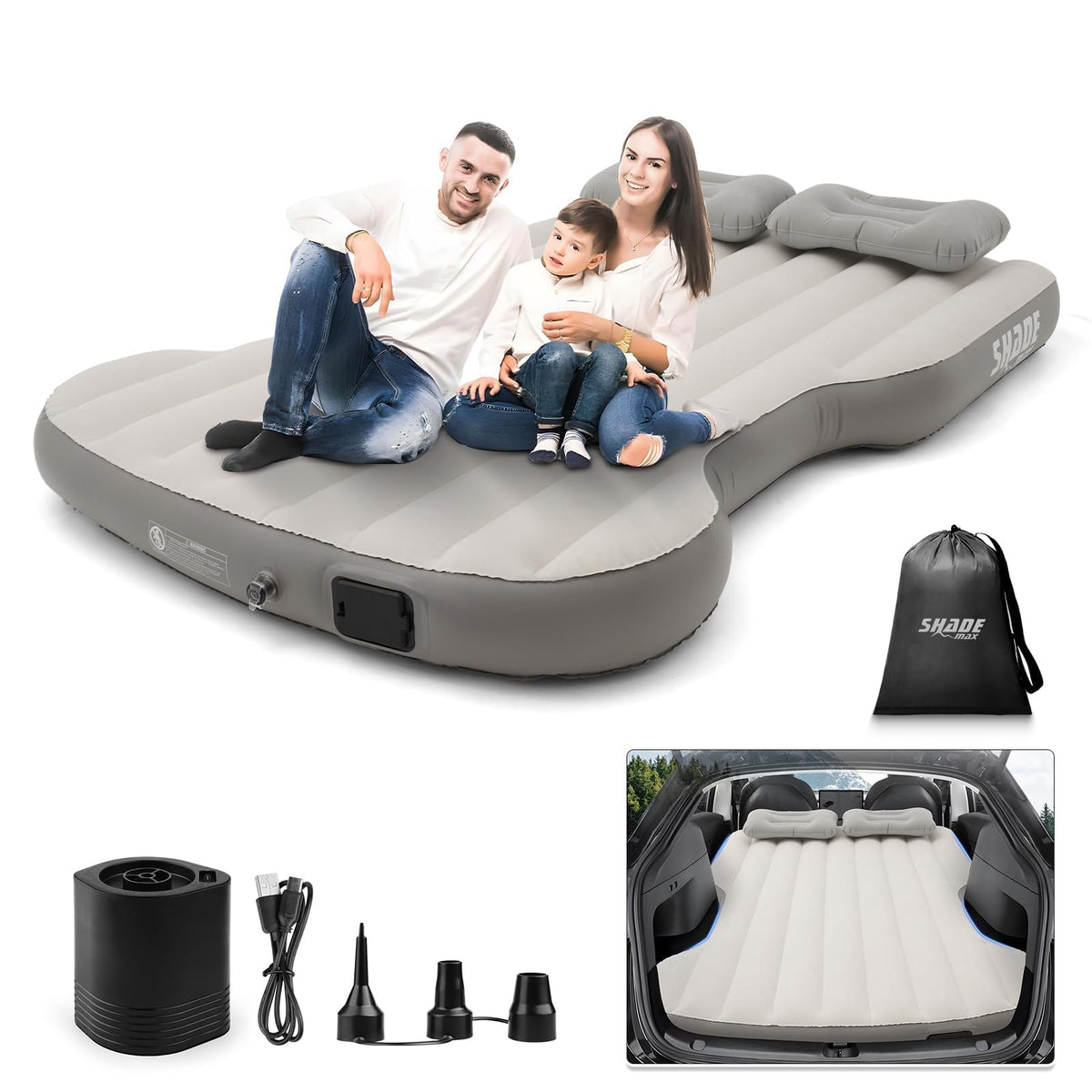 Shademax Self-Inflating Car Air Mattress for Model Y 2025 2024-2020 / Model Y Juniper 2026 Accessories Outdoor Camping Air Bed with 2 Pillows Built-in Pump Air Couch Flocking Air Cushion (Beige&Gray)