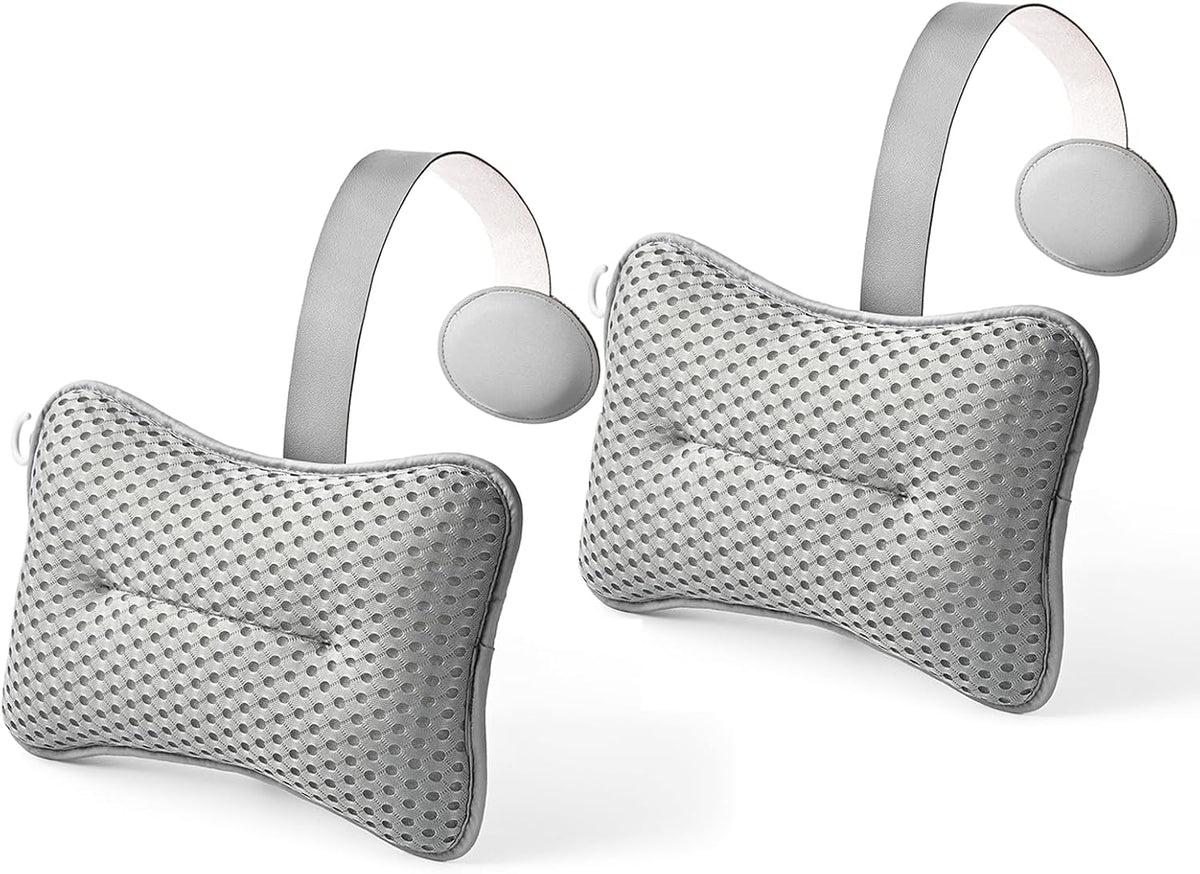 2-Pack Large Pillow for Hot Tub (Grey), Spa, Pool & Chaise Lounge - Universal Headrest & Neck Support Cushion, Adjustable Height with Weighted Strap, 4D Air Mesh, Easy Drying with Hook