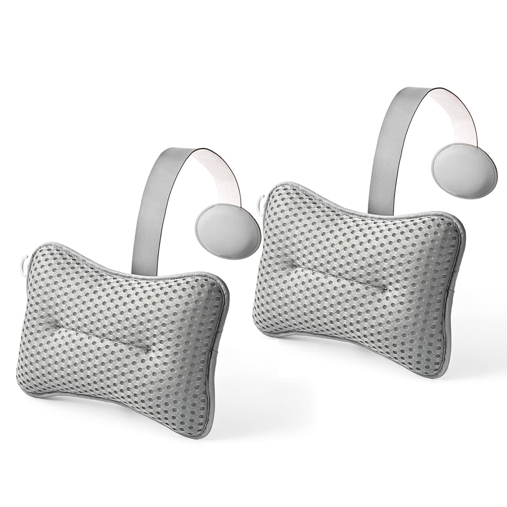2-Pack Large Pillow for Hot Tub (Grey), Spa, Pool & Chaise Lounge - Universal Headrest & Neck Support Cushion, Adjustable Height with Weighted Strap, 4D Air Mesh, Easy Drying with Hook