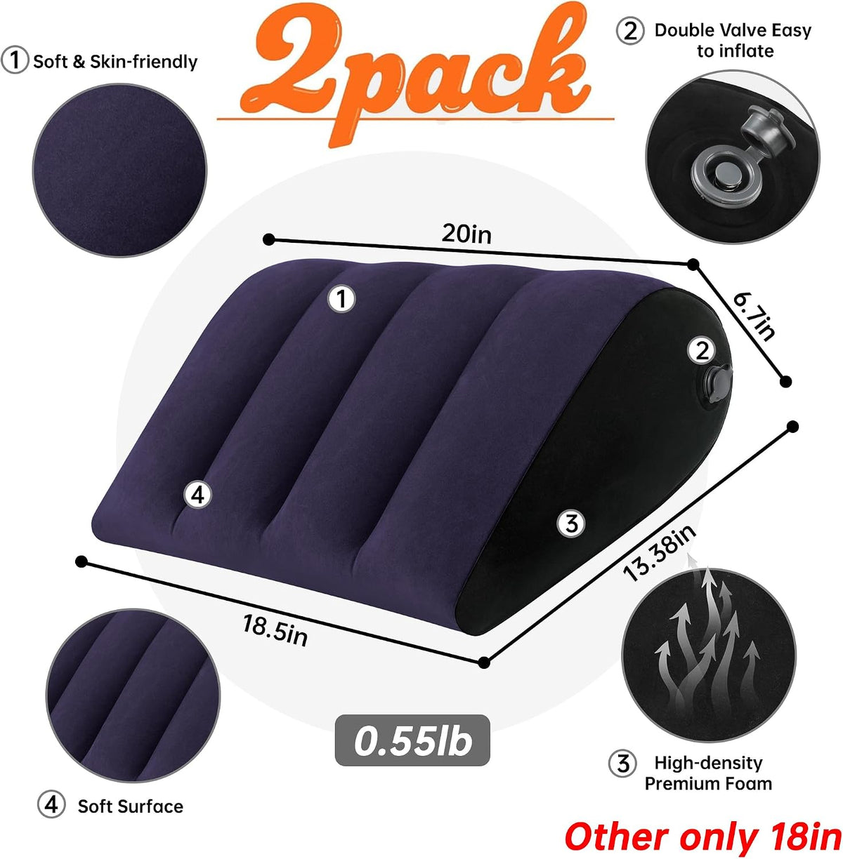 Portable Inflatable Wedge Pillow 2 Pack, Body Positioner for Sleep Support, Adjustable Travel Pillow - Lightweight Bed/Leg Support Pillow, for Home Outdoor Travel Blue