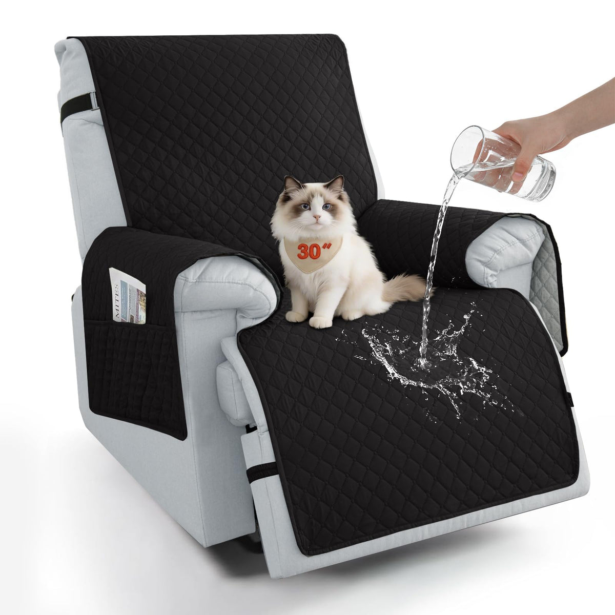100% Waterproof Recliner Chair Covers 23.6'', Non Slip Recliner Chair Protector Washable Recliner Covers with Pocket & Elastic Straps for Dogs Cats Kids Pets-Chocolate