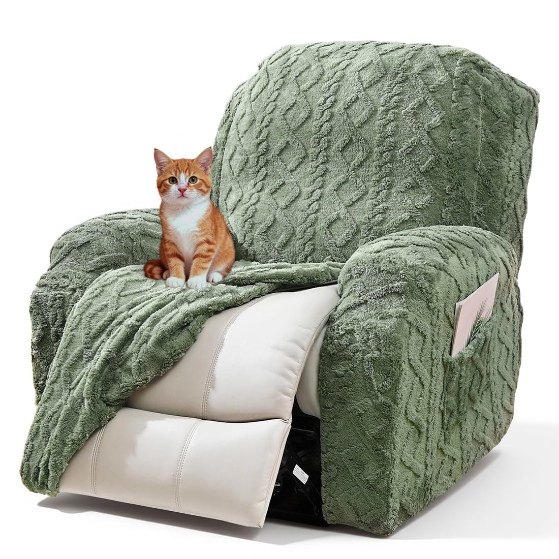 vctops 4 Pieces Recliner Chair Covers, Geometric Jacquard Plush Recliner Slipcovers Soft Fuzzy Sofa Couch Cover Anti-Slip Furniture Protector with Elastic Bottom for Kids Cats Dogs (Cream,1 Seat)