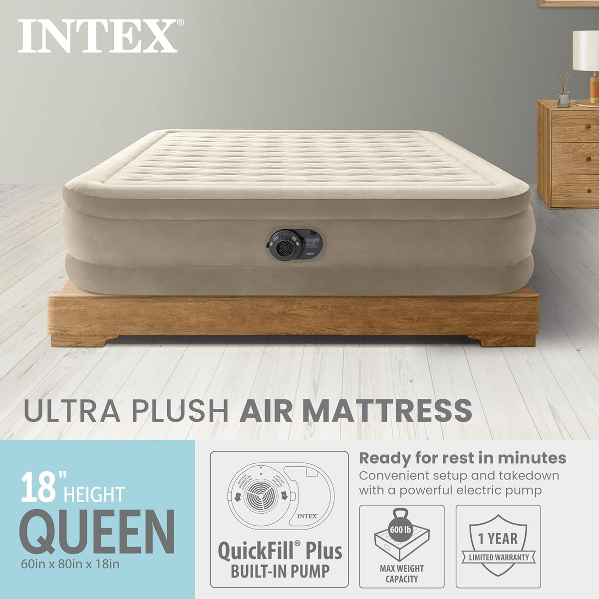 INTEX Dura-Beam Deluxe 18" Queen Size Air Mattress with Built-in Pump